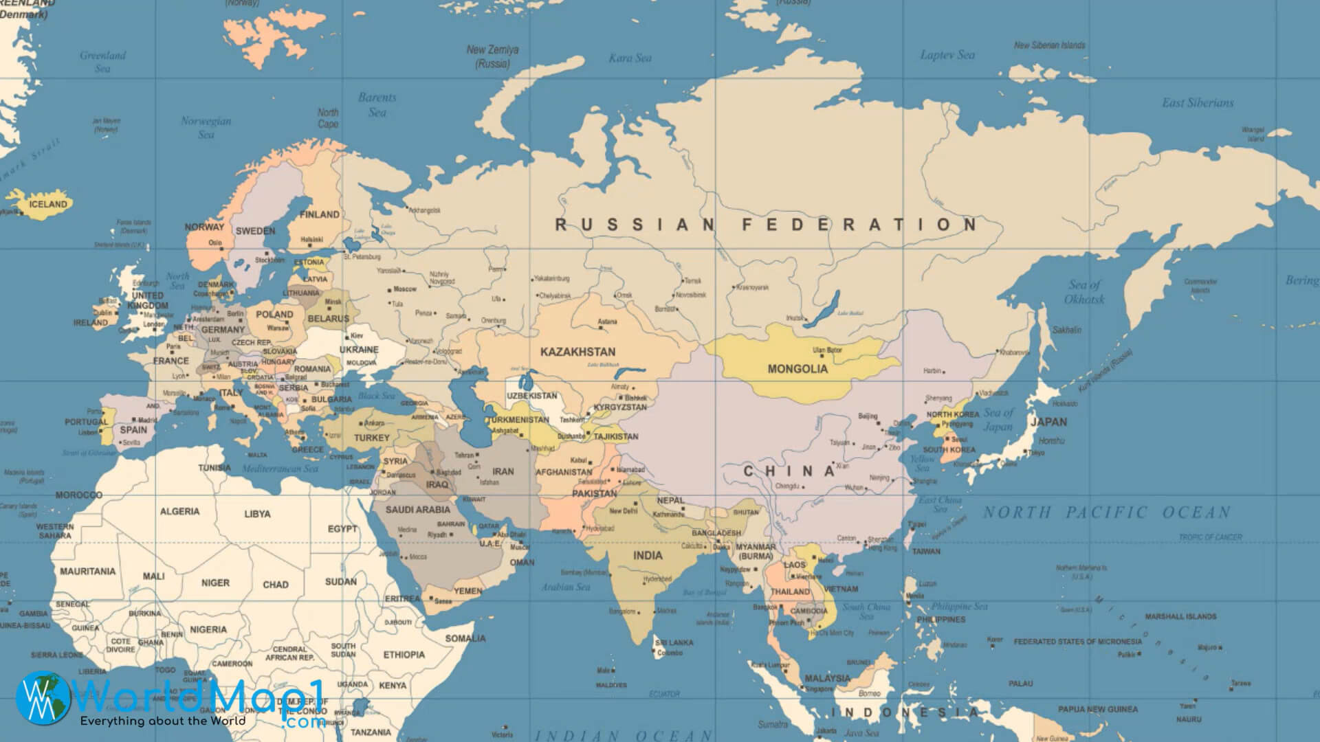 Carte de la Federation de Russie avec l'Europe, l'Asie et l'Afrique